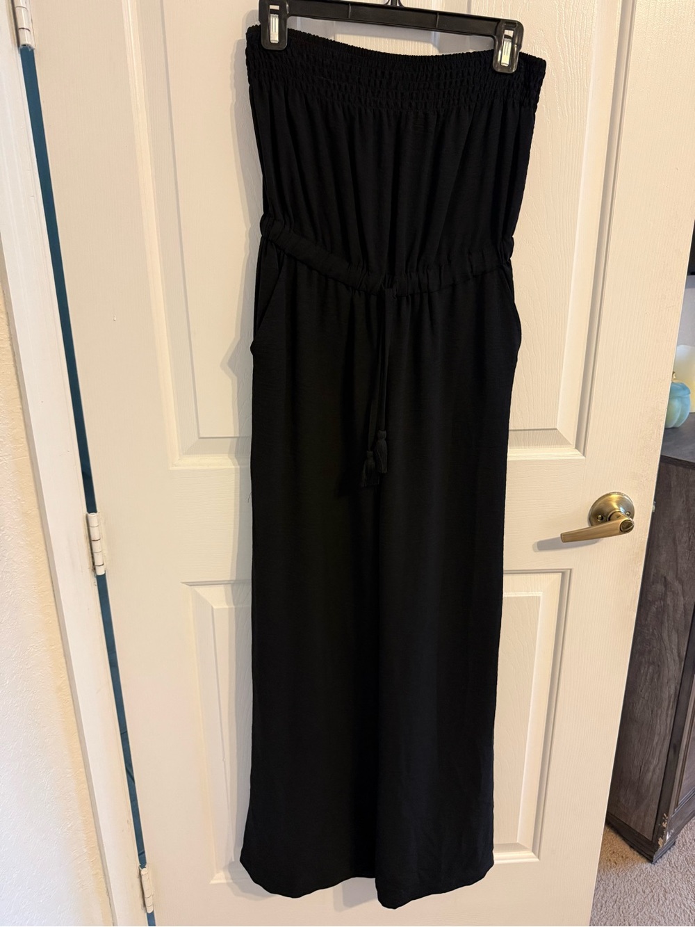 No Boundaries Black Strapless Wide-Leg Jumpsuit with Drawstring
